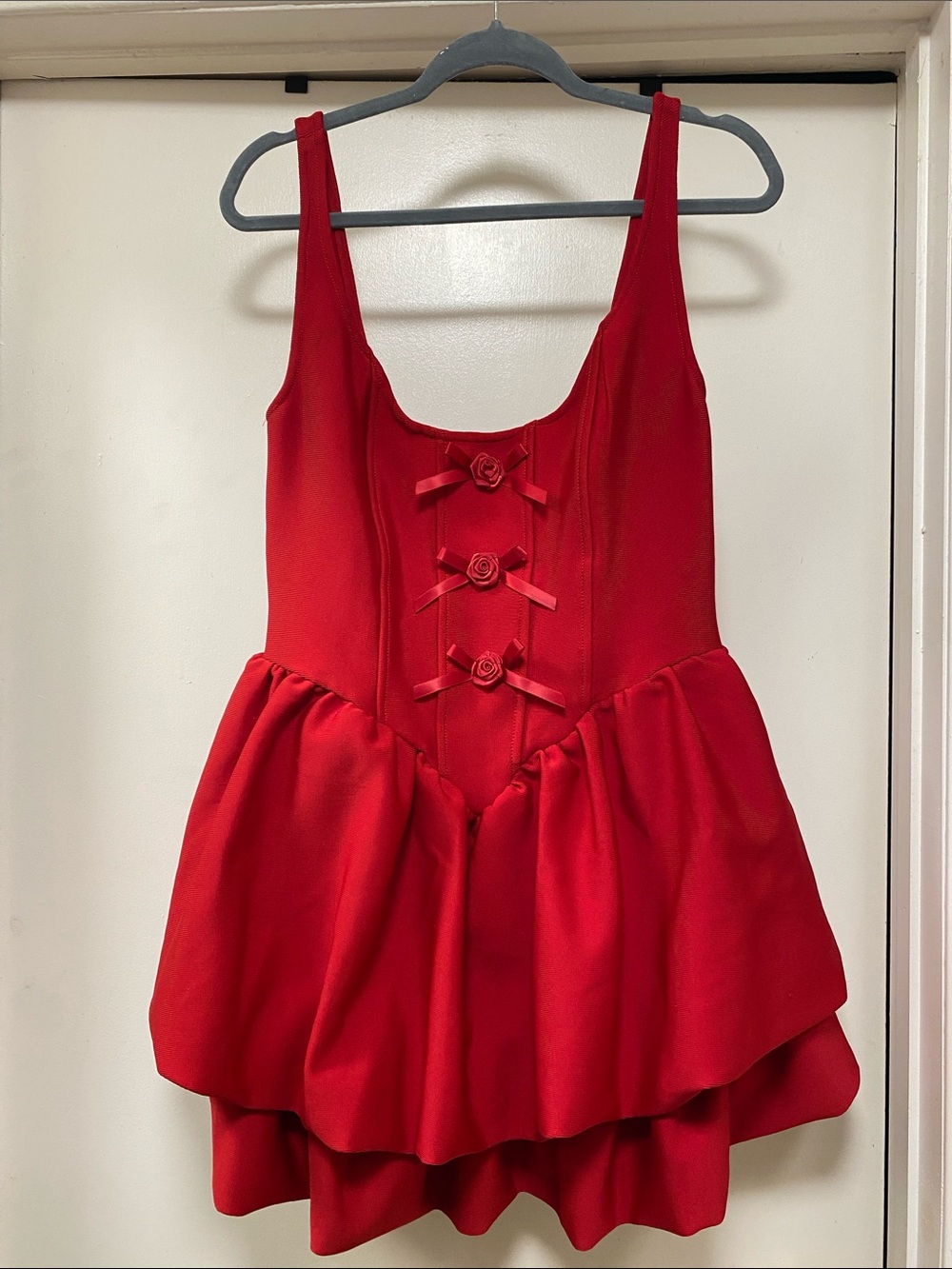 Fashion Nova Red Tiered Ruffle Mini Dress with Bow Rosette Details.